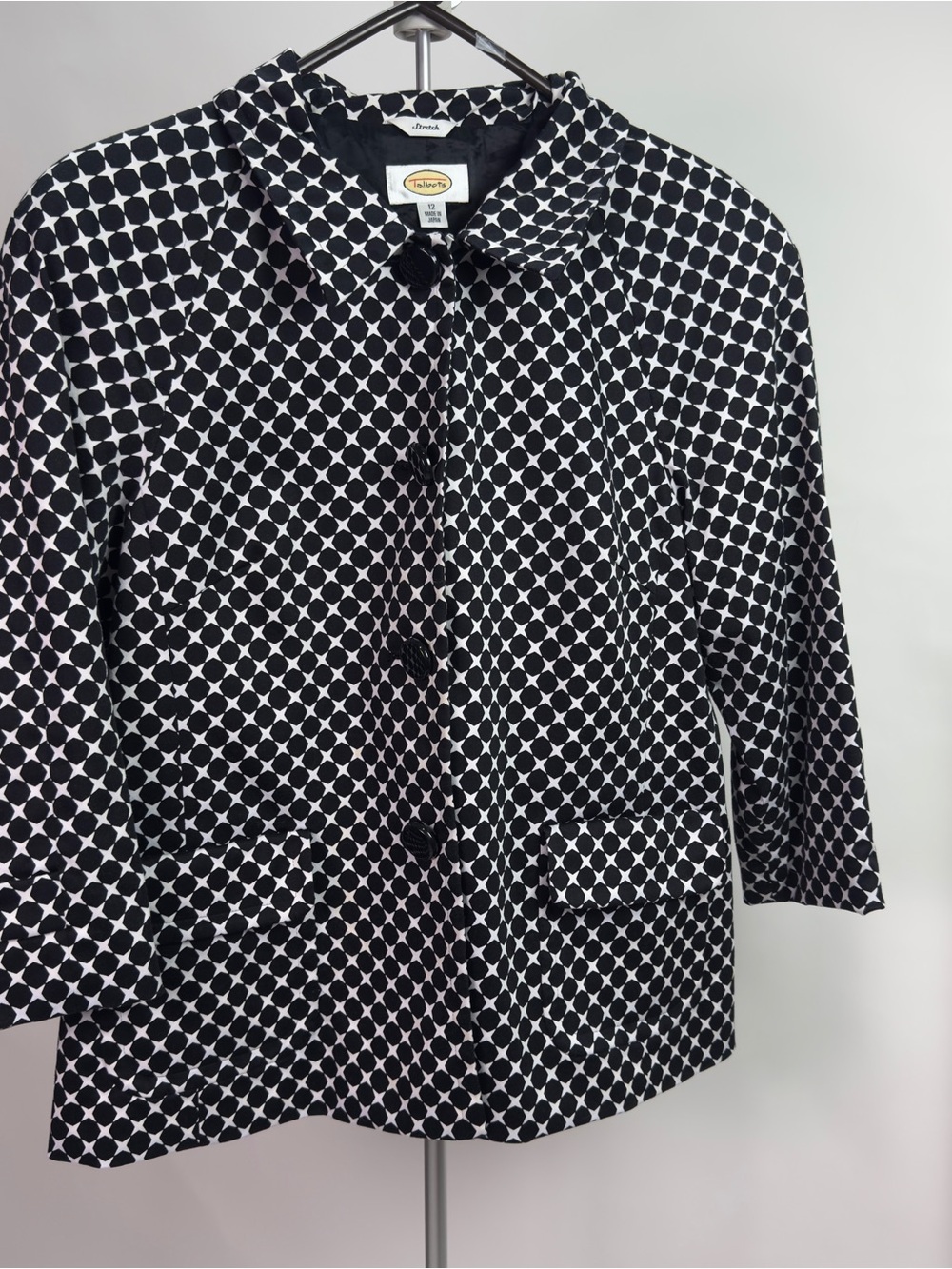 90s Vintage Talbots Cotton Geo Blazer Jacket | 12 Stretch Big Black Vtg Buttons